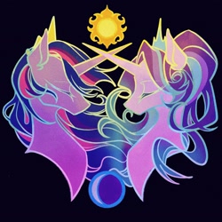 Size: 2048x2048 | Tagged: safe, artist:tkotu1, imported from derpibooru, starlight glimmer, twilight sparkle, alicorn, pony, black background, bust, crossed horns, duo, eyes closed, female, horn, horns are touching, mare, race swap, simple background, sun, twilight sparkle (alicorn)