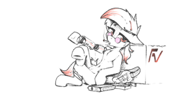 Size: 2934x1665 | Tagged: safe, artist:deafjaeger, imported from derpibooru, oc, oc only, oc:yara, earth pony, pony, augmented, bag, bandage, belly button, chest fluff, crossed legs, cyber legs, female, glasses, gun, hairpin, leaning, leaning back, lidded eyes, looking at each other, looking at someone, lying down, mare, rifle, simple background, smoking, solo, the chronicles of order, weapon, white background