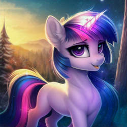 Size: 1280x1280 | Tagged: safe, imported from derpibooru, twilight sparkle, pony, unicorn, ai content, ai generated, cute, female, forest, generator:novelai, generator:stable diffusion, horn, looking at you, mare, missing cutie mark, open mouth, open smile, outdoors, prompter:endless--, scenery, smiling, smiling at you, snow, solo, tree, unicorn twilight