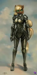 Size: 384x768 | Tagged: safe, imported from derpibooru, applejack, anthro, earth pony, ai content, ai generated, armor, breasts, generator:purplesmart.ai, generator:stable diffusion, plate armor, prompt in description