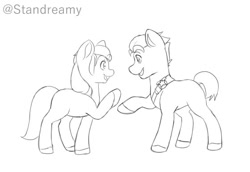 Size: 560x386 | Tagged: safe, artist:standreamy, imported from derpibooru, hitch trailblazer, sunny starscout, earth pony, pony, duo, duo male and female, female, g5, male, mare, monochrome, simple background, stallion, white background