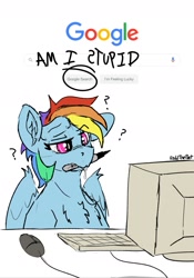 Size: 1077x1535 | Tagged: safe, artist:reddthebat, imported from derpibooru, rainbow dash, pegasus, pony, bust, chest fluff, computer, dent, dented dash, drool, ear fluff, female, google, mare, mouth hold, one ear down, question mark, rainbow dumb, sharpie, simple background, solo, stupid, white background