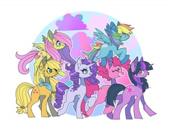 Size: 1284x964 | Tagged: safe, artist:batthsalts, imported from derpibooru, applejack, fluttershy, pinkie pie, rainbow dash, rarity, twilight sparkle, earth pony, pegasus, pony, unicorn, abstract background, bandana, cloud, female, flying, grin, group, horn, mane six, mare, open mouth, raised hoof, simple background, smiling, spread wings, unicorn twilight, walking, white background, wings