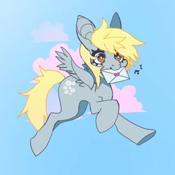 Size: 850x850 | Tagged: safe, artist:batthsalts, imported from derpibooru, derpy hooves, pegasus, pony, cloud, cute, derpabetes, envelope, female, flying, letter, music notes, sky background, smiling, solo, spread wings, wings