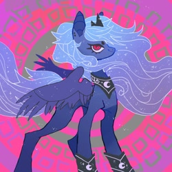 Size: 850x850 | Tagged: safe, artist:batthsalts, imported from derpibooru, princess luna, alicorn, pony, abstract background, crown, female, jewelry, red eyes, regalia, smiling, solo, spread wings, wings