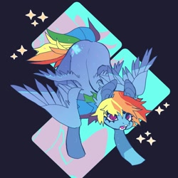 Size: 1020x1020 | Tagged: safe, artist:batthsalts, imported from derpibooru, rainbow dash, pegasus, pony, abstract background, female, multiple wings, open mouth, solo, sparkles, spread wings, wings