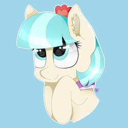 Size: 1000x1000 | Tagged: safe, artist:kathepart, imported from derpibooru, coco pommel, pony, big eyes, blue background, collar, simple background, solo