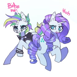 Size: 850x850 | Tagged: safe, alternate version, artist:batthsalts, imported from derpibooru, rarity, pony, alternate hairstyle, beanbrows, bracelet, clothes, collar, duality, duo, eyebrows, female, grin, horn, jewelry, punk, raised hoof, raripunk, self paradox, self ponidox, simple background, smiling, speech, studs, talking, text, white background