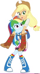 Size: 736x1361 | Tagged: safe, imported from derpibooru, applejack, rainbow dash, human, equestria girls, applejack riding rainbow dash, boots, clothes, cowboy boots, cowboy hat, hat, high heel boots, humans riding humans, piggyback ride, shirt, shoes, simple background, skirt, socks, white background