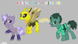 Size: 7111x4000 | Tagged: safe, artist:melisareb, imported from derpibooru, part of a set, changedling, changeling, moth, mothling, original species, pony, unicorn, .svg available, 16:9, absurd resolution, alphabet lore, bracelet, changelingified, clothes, crossover, dreamworks face, ear piercing, earring, female, flying, gray background, j, jewelry, k, l (letter), looking at you, male, mare, necklace, open mouth, piercing, ponified, raised hoof, rearing, shirt, simple background, species swap, stallion, striped shirt, teenager, trio, vector, wings, wristband, yellow changeling