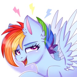 Size: 1280x1280 | Tagged: safe, artist:galaxy swirl, imported from derpibooru, rainbow dash, pegasus, pony, ear fluff, eye clipping through hair, eyebrows, eyebrows visible through hair, female, flying, looking up, mare, open mouth, open smile, shadow, simple background, smiling, smirk, smug, solo, spread wings, white background, wings