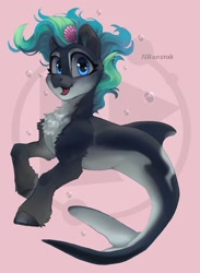 Size: 1055x1440 | Tagged: safe, artist:anoraknr, imported from derpibooru, oc, oc only, oc:marina (efnw), hybrid, merpony, orca, orca pony, original species, seapony (g4), blue eyes, bubble, chest fluff, countershading, cute, digital art, everfree northwest, female, fish tail, flowing mane, flowing tail, green mane, looking at you, mare, open mouth, open smile, pink background, seashell, signature, simple background, smiling, smiling at you, solo, swimming, tail, underwater, unshorn fetlocks, water