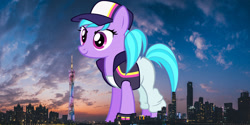 Size: 1600x800 | Tagged: safe, artist:chrzanek97, edit, editor:jaredking779, imported from derpibooru, azure velour, earth pony, pony, background pony, baseball cap, cap, china, clothes, female, giant pony, giantess, guangzhou, hat, highrise ponies, irl, macro, mare, pants, photo, ponies in real life, solo