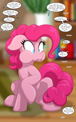 Size: 1250x2000 | Tagged: safe, artist:runningtoaster, imported from derpibooru, pinkie pie, earth pony, pony, blurry background, cheek bulge, dialogue, eating, female, floppy ears, full mouth, human to pony, implied pinkie pie, male to female, mare, offscreen character, onomatopoeia, pinpoint eyes, raised hoof, requested art, rule 63, shocked, solo, speech bubble, squatting, transformation, transformed, transgender transformation, twinning, unwilling, wide eyes