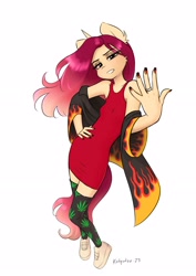 Size: 2480x3508 | Tagged: safe, artist:katputze, imported from derpibooru, oc, oc only, oc:crimson sunset, anthro, plantigrade anthro, unicorn, bare shoulders, clothes, coat, dress, eyeshadow, female, jewelry, kneesocks, looking at you, makeup, mare, nail polish, ring, shoes, signature, simple background, sleeveless, sneakers, socks, solo, white background