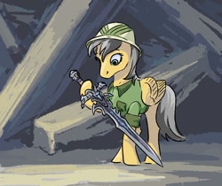 Size: 902x759 | Tagged: safe, artist:adeptus-monitus, imported from derpibooru, daring do, pegasus, pony, female, folded wings, frostmourne, holding, looking at something, mare, ruins, solo, standing, sword, warcraft, weapon, wings