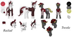 Size: 3000x1500 | Tagged: safe, artist:nsilverdraws, imported from derpibooru, oc, oc only, oc:razlad, oc:trestle, earth pony, pony, unicorn, clothes, colored, cool, cowboy hat, female, front view, glasses, hat, height difference, helix horn, horn, jojo, leg fluff, male, mare, overalls, reference sheet, shocked, side view, simple background, size difference, smug, stallion, white background