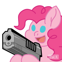 Size: 4092x4092 | Tagged: safe, artist:doaart, imported from derpibooru, pinkie pie, earth pony, pony, commission, gun, handgun, hoof hold, meme, pistol, simple background, solo, this will end in death, this will end in tears, this will end in tears and/or death, weapon, white background, xk-class end-of-the-world scenario, ych result