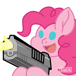 Size: 4092x4092 | Tagged: safe, artist:doaart, edit, imported from derpibooru, pinkie pie, earth pony, pony, commission, gun, handgun, hoof hold, meme, pistol, simple background, solo, this will end in death, this will end in tears, this will end in tears and/or death, weapon, white background, xk-class end-of-the-world scenario, your character here