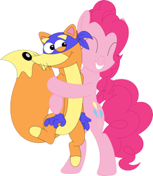 Size: 3111x3569 | Tagged: safe, artist:porygon2z, imported from derpibooru, pinkie pie, earth pony, fox, pony, countershading, cute, diapinkes, dora the explorer, hug, simple background, swiper, transparent background