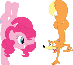 Size: 3539x3150 | Tagged: safe, artist:porygon2z, imported from derpibooru, pinkie pie, earth pony, fox, pony, countershading, dora the explorer, handstand, simple background, swiper, transparent background, unmasked, upside down