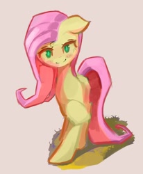 Size: 823x1000 | Tagged: safe, alternate version, artist:solid shrimp, imported from derpibooru, fluttershy, pegasus, pony, beige background, blush sticker, blushing, crossed hooves, female, floppy ears, full face view, looking at you, mare, raised hoof, simple background, smiling, smiling at you, solo, standing