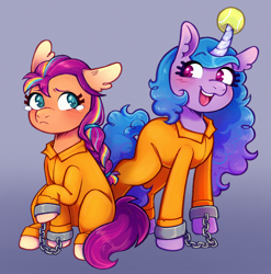 Size: 1892x1916 | Tagged: safe, artist:hecctwo, imported from derpibooru, izzy moonbow, sunny starscout, earth pony, pony, unicorn, ball, blushing, clothes, commissioner:rainbowdash69, cuffed, cuffs, embarrassed, female, g5, gradient background, horn, hornball, izzy's tennis ball, mare, never doubt rainbowdash69's involvement, prison outfit, prisoner, prisoner im, shackles, teary eyes, tennis ball