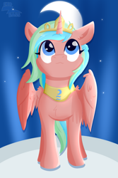 Size: 1425x2139 | Tagged: safe, artist:exobass, imported from derpibooru, oc, oc:hammonia, alicorn, pony, alicorn oc, crown, female, horn, jewelry, looking up, mare, moon, princess of tides, regalia, solo, wings