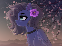 Size: 2700x2000 | Tagged: safe, artist:hakaina, imported from derpibooru, oc, oc only, oc:kennel nightshade, pegasus, pony, cherry blossoms, chest fluff, choker, collar, ear fluff, fangs, female, flower, flower blossom, flower in hair, folded wings, mare, pegasus oc, solo, tree, wings