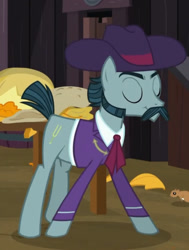 Size: 721x955 | Tagged: safe, imported from derpibooru, screencap, turner mccolt, earth pony, pony, season 5, the hooffields and mccolts, clothes, eyebrows, eyes closed, facial hair, hat, male, mccolt family, moustache, sideburns, solo, stallion, suit