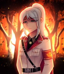 Size: 2460x2840 | Tagged: safe, artist:opal_radiance, imported from derpibooru, oc, oc only, oc:opal rosamond, human, campfire, eye clipping through hair, eyebrows, eyebrows visible through hair, female, fire, frown, high res, human oc, humanized, looking down, marshallow, solar empire, solo, yeet