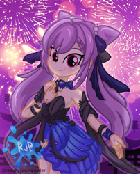Size: 2015x2490 | Tagged: safe, artist:rjp.rammy, imported from derpibooru, human, equestria girls, bare shoulders, clothes, crossover, equestria girls style, equestria girls-ified, fan, female, fireworks, formal, genshin impact, hand fan, keqing (genshin impact), outfit, sleeveless, solo