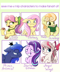Size: 1250x1500 | Tagged: safe, artist:candy meow, imported from derpibooru, angel wings, fluttershy, junebug, princess luna, starlight glimmer, alicorn, earth pony, pegasus, pony, unicorn, six fanarts, angry, annoyed, book, bow, chest fluff, crown, ear fluff, female, floppy ears, g5, gradient background, grin, jewelry, looking back, looking sideways, male, mare, nervous, nervous grin, posey bloom, prince artemis, reading, regalia, rule 63, shaking, simple background, smiling, stallion, unshorn fetlocks