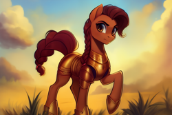 Size: 2304x1536 | Tagged: safe, imported from derpibooru, oc, oc only, oc:honour bound, earth pony, pony, fanfic:everyday life with guardsmares, ai assisted, ai content, armor, armored pony, braid, cloud, earth pony oc, female, generator:pony diffusion v4, generator:stable diffusion, grass, guardsmare, hoof shoes, looking at you, mare, prompter:siber, raised hoof, royal guard, sky, solo, tail, tail wrap, tied mane