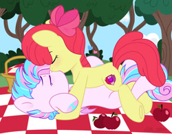 Size: 1280x1001 | Tagged: safe, artist:vi45, imported from derpibooru, apple bloom, oc, oc:sweetie swirl, earth pony, pony, apple, basket, butt, canon x oc, duo, earth pony oc, female, food, kiss on the lips, kissing, lesbian, older, picnic basket, picnic blanket, plot, tree