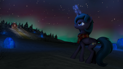 Size: 1920x1080 | Tagged: safe, artist:skyarrow, imported from derpibooru, oc, oc only, oc:melancholy sunset, alicorn, pony, 3d, aurora borealis, clothes, female, mare, night, scarf, snow, solo, source filmmaker, stars, striped scarf, winter