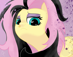 Size: 1380x1080 | Tagged: safe, artist:reinbou, imported from derpibooru, fluttershy, pegasus, pony, goth, looking at you, looking down, looking down at you, simple background, solo