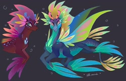Size: 1673x1080 | Tagged: safe, artist:anoraknr, imported from derpibooru, oc, oc only, dragon, hybrid, merpony, original species, sea dragon, seapony (g4), black background, blue eyes, bubble, colored pupils, colored wings, digital art, dorsal fin, duo, eyelashes, eyeshadow, fin wings, fins, fish tail, flowing mane, flowing tail, horns, hybrid oc, looking at you, makeup, multicolored wings, ocean, pink eyes, signature, simple background, sketch, swimming, tail, underwater, water, wings