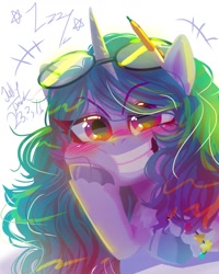 Size: 1080x1350 | Tagged: safe, artist:jully-park, imported from derpibooru, izzy moonbow, pony, unicorn, bracelet, g5, glasses, hooves, horn, jewelry, lineless, looking at you, pen, simple background, smiling, smiling at you, solo, white background