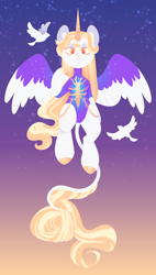 Size: 1080x1896 | Tagged: safe, artist:glowfangs, imported from derpibooru, oc, alicorn, bird, dove, pony, alicorn oc, colored wings, female, horn, mare, solo, two toned wings, wings