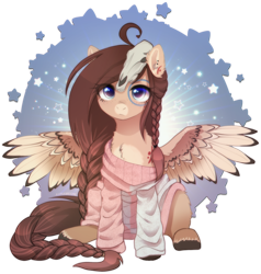 Size: 2091x2200 | Tagged: safe, alternate version, artist:avrameow, imported from derpibooru, part of a set, oc, oc only, oc:ondrea, pegasus, pony, ahoge, alternate character, braid, clothes, commission, cute, ear fluff, ear piercing, earring, female, jewelry, looking at you, mare, oversized clothes, pale belly, pegasus oc, piercing, simple background, sitting, skull, solo, spread wings, sweater, transparent background, wings, ych result