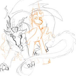 Size: 1993x2000 | Tagged: safe, artist:inisealga, imported from derpibooru, discord, princess celestia, alicorn, draconequus, duo, duo male and female, female, male, mare, shipping, sketch, wip