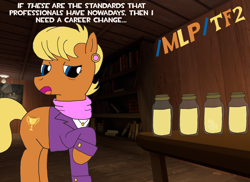 Size: 3507x2550 | Tagged: safe, imported from derpibooru, ms. harshwhinny, earth pony, pony, /mlp/ tf2 general, book, bookshelf, dialogue, female, jar, jarate, mare, pee in container, solo, team fortress 2, text, urine