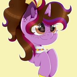 Size: 1000x1000 | Tagged: safe, artist:kathepart, imported from derpibooru, oc, oc only, oc:kathepaint, unicorn, collar, freckles, hair bun, horn, simple background, smiling, solo, unicorn oc, yellow background