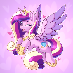 Size: 2480x2480 | Tagged: safe, artist:dandy, imported from derpibooru, princess cadance, alicorn, pony, :3, chest fluff, colored wings, crown, cute, cutedance, ear fluff, eyebrows, eyebrows visible through hair, female, flying, heart, heart eyes, high res, hoof shoes, horn, jewelry, looking at you, mare, multicolored wings, one eye closed, open mouth, open smile, peytral, regalia, simple background, smiling, smiling at you, solo, spread wings, wingding eyes, wings, wink, winking at you
