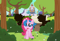 Size: 1200x809 | Tagged: safe, artist:jennieoo, imported from derpibooru, oc, oc:star sparkle, pony, unicorn, bush, canterlot, crying, female, filly, flower, flower in hair, foal, happy, show accurate, smiling, solo, tears of joy