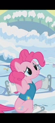 Size: 1080x2400 | Tagged: safe, imported from derpibooru, screencap, pinkie pie, earth pony, pony, winter wrap up, black bars, cropped, female, frown, ice skates, mare, shrug, skates, solo focus