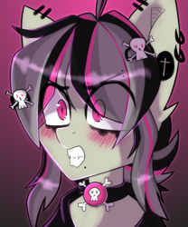 Size: 2000x2400 | Tagged: safe, artist:etoz, imported from derpibooru, oc, oc only, oc:gravel shine, bat pony, angry, bat pony oc, bust, choker, clothes, collar, ear piercing, earring, emo, eyebrow piercing, eyebrows, eyebrows visible through hair, fangs, gradient background, hairpin, jewelry, lip piercing, makeup, male, piercing, shy, sketch, skull, snake bites, solo, stallion, teeth, tsundere