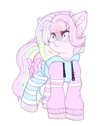 Size: 2000x2400 | Tagged: safe, artist:etoz, imported from derpibooru, oc, oc only, oc:kōyō, bat pony, pony, angry, bandaid, bandaid on nose, bat pony oc, clothes, eyebrows, fangs, female, freckles, hoodie, looking at someone, mare, multicolored hair, multicolored mane, ribbon, simple background, socks, solo, striped socks, white background