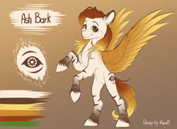 Size: 1920x1398 | Tagged: safe, artist:klarapl, imported from derpibooru, oc, oc only, oc:ash bark, pegasus, pony, female, gradient background, gradient mane, male, mare, pegasus oc, rearing, reference sheet, solo, spread wings, stallion, stripes, unshorn fetlocks, wings